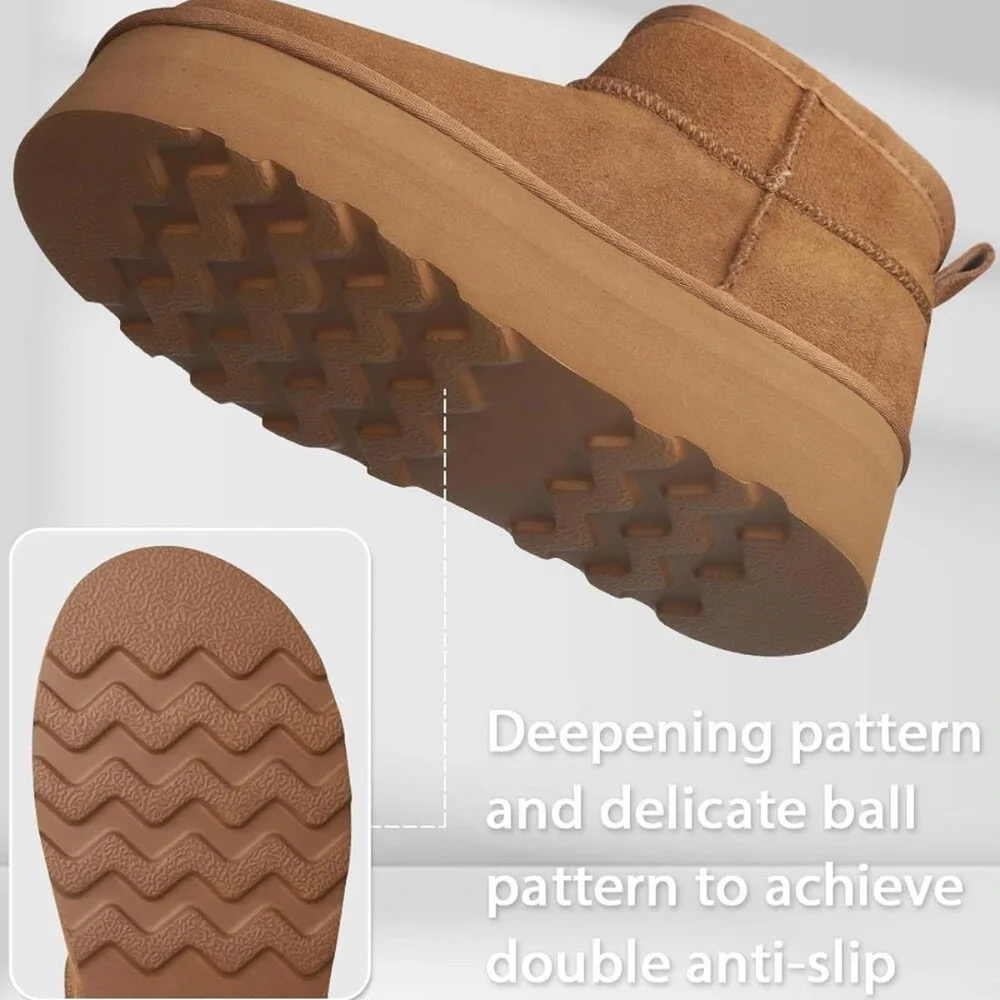 Brown Platform Mini Boot Short Ankle Fur Fleece Ultra Platform Anti-Slip…